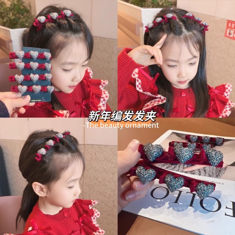 Niños de Año Nuevo acabado de cabello roto artefacto de otoño y invierno flocado rojo amor trenzado clip de cabello para mujeres flanqueado clip