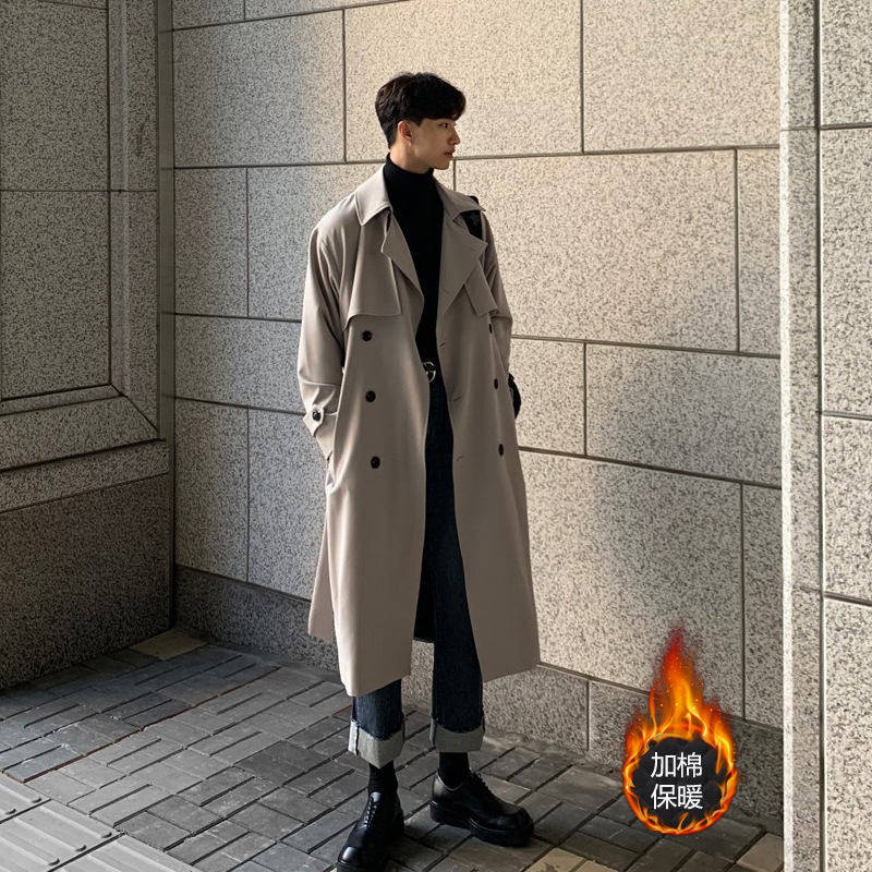 Winter New trench coat men's mid-length Korean style cotton and thickening warm loose Yupi handsome over-the-knee British overcoat