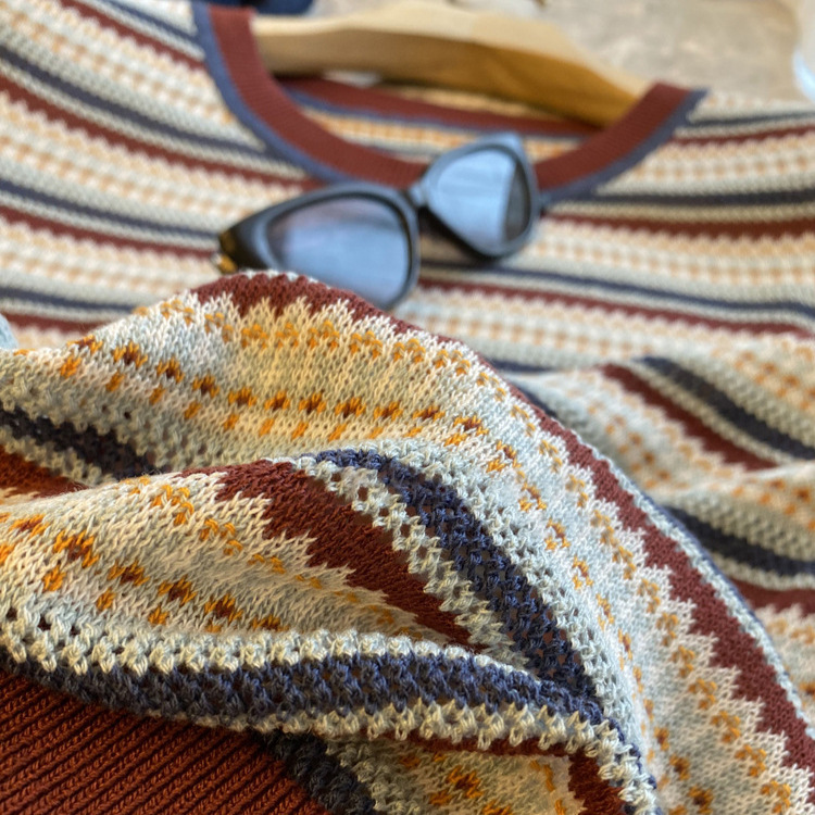 Keep It for Yourself!! Easiest for Match and Easy to Wear, 2025 Summer Silk and Linen Contrasting Color Cut Out Texture Stripesd Knitted T-Shirt for Women