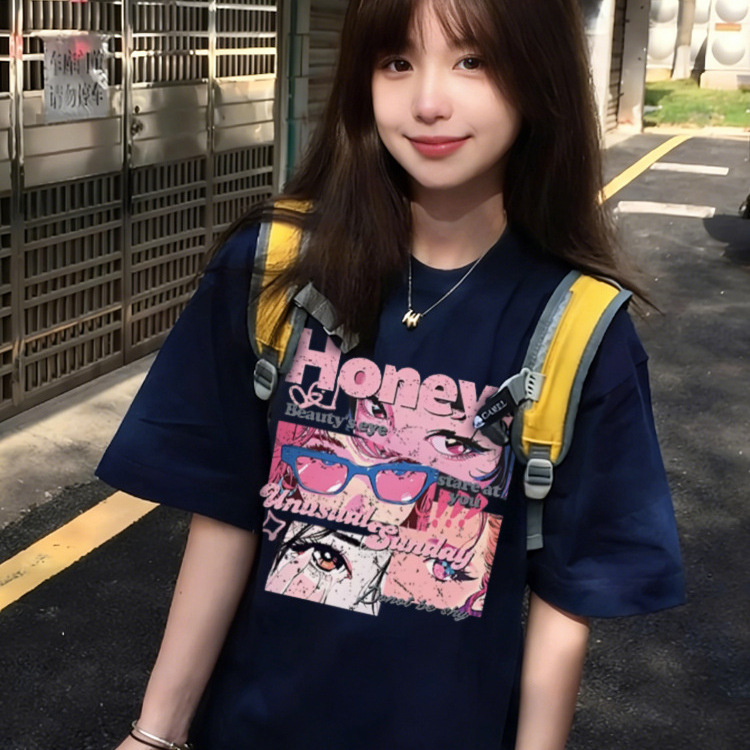 American-Style Navy Blue Round-Neck Pure Cotton Short-Sleeved T-Shirt for Women, Popular Summer Style with Cartoon Animation Design, Versatile Loose Top