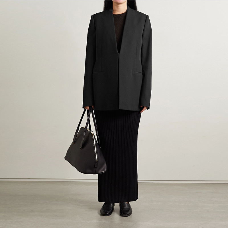 European American Wool Blazer For Women, Loose Fit, No Buttons, Minimalist Black Suit Jacket, Spring And Autumn_ecoleips.com