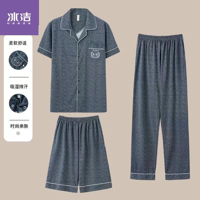 100% pijamas de algodón de los hombres de verano cardigan pantalones cortos de manga corta pantalones de tres piezas delgada más tamaño homewear traje