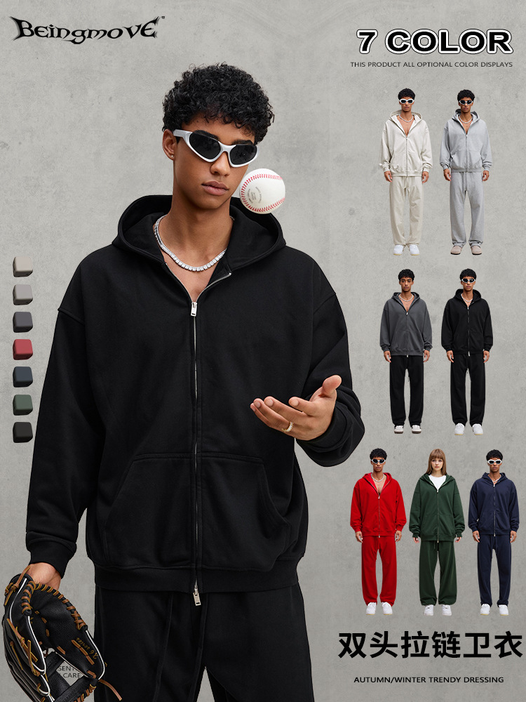 Calle secada| 2025 otoño estilo americano marca de moda de color sólido de doble cabeza cremallera chaqueta con capuchón cardigan chaqueta hombre