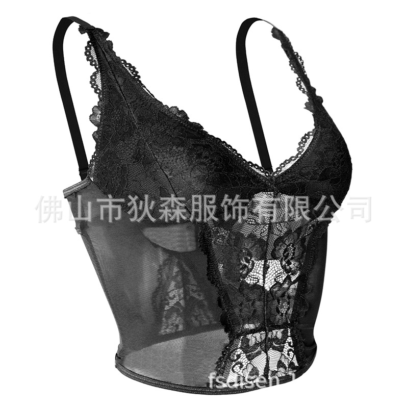 Nueva perspectiva de encaje de estilo europeo y americano, espalda abierta en V profunda, eslinga sexy delgada y delgada