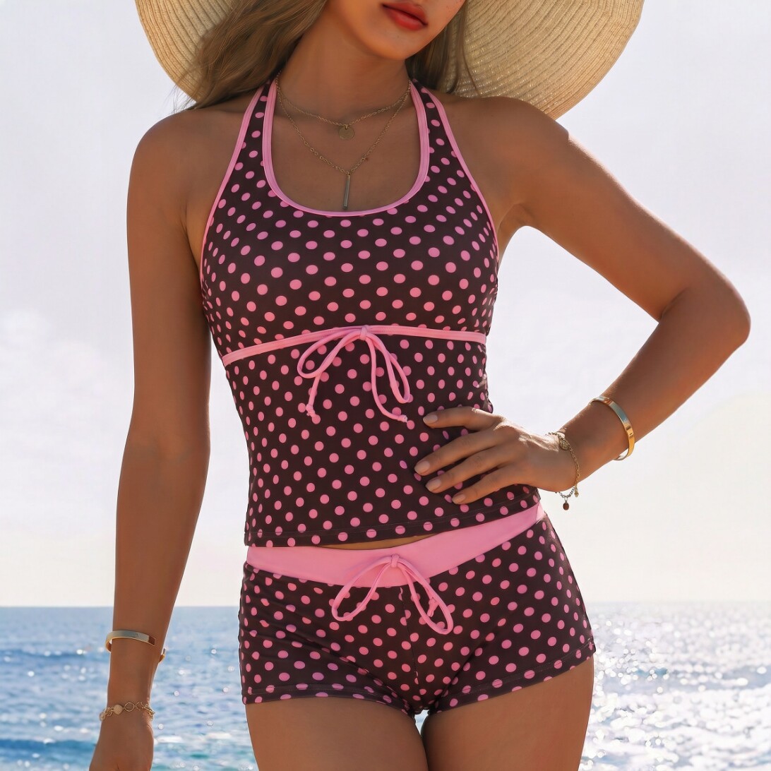 2026 New European and American Style Polka Dot Two-Piece Swimsuit for Women with Straps, Slimming and Tummy-Concealing Beach Bikini Swimwear