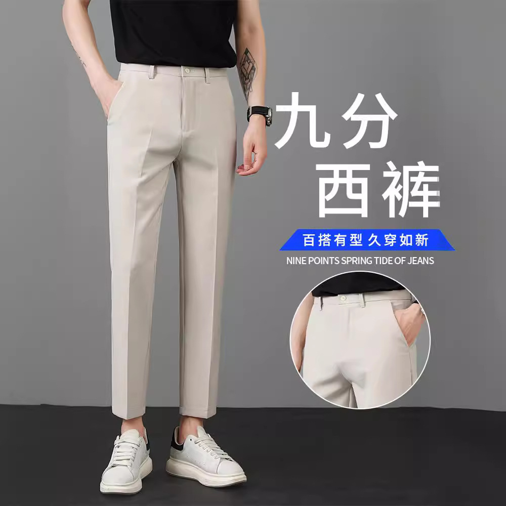 Summer Stretch Small Trousers Men's Ankle-length Pants Business Korean-style Trendy Straight Slim-fit Casual Spring and Autumn Pants