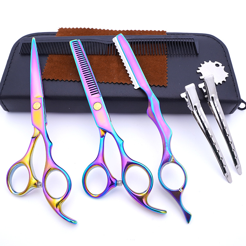 Tijeras de peluquería de acero inoxidable de 6 pulgadas, juego de cuchillos para cortar el cabello de colores, tijeras de adelgazamiento, tijeras profesionales para peluquería