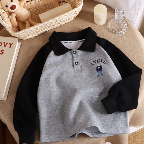 New  Spring and Autumn Polo Shirt Sweatshirt Children's Collar Long Sleeve Base Shirt for Middle Children, Splicing Shirt