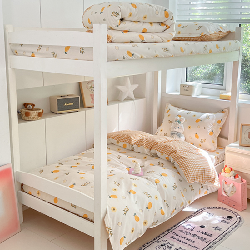 Juego de sábanas impresas de algodón de cuatro piezas Juego de tres piezas para estudiantes individual y doble, dormitorio doméstico de primavera y verano, sábanas lavables a máquina