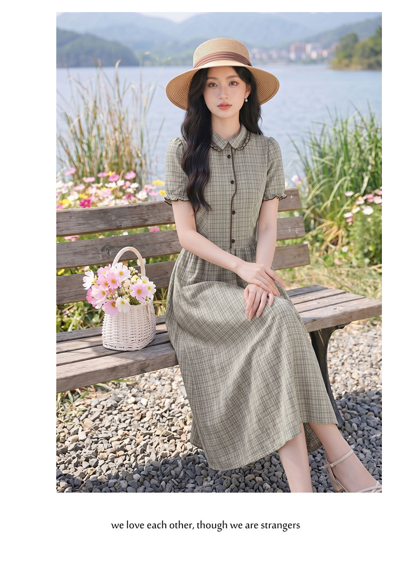 Đầm maxi nữ thắt eo họa tiết kẻ caro phong cách vintage — Màu ảnh chi tiết 8