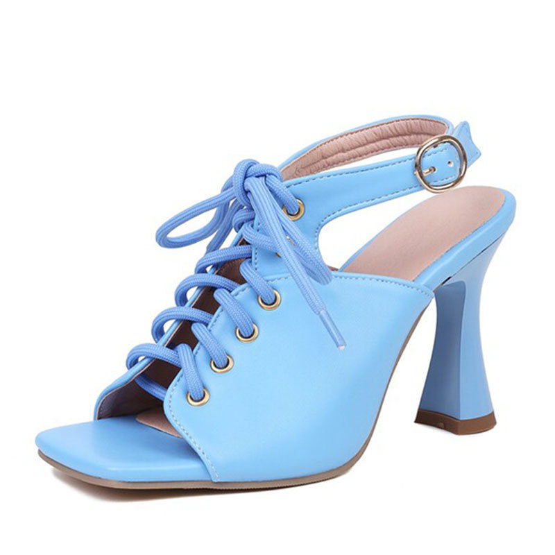 Square-Toe Lace-Up High-Heeled Sandals, Large Size 3-95