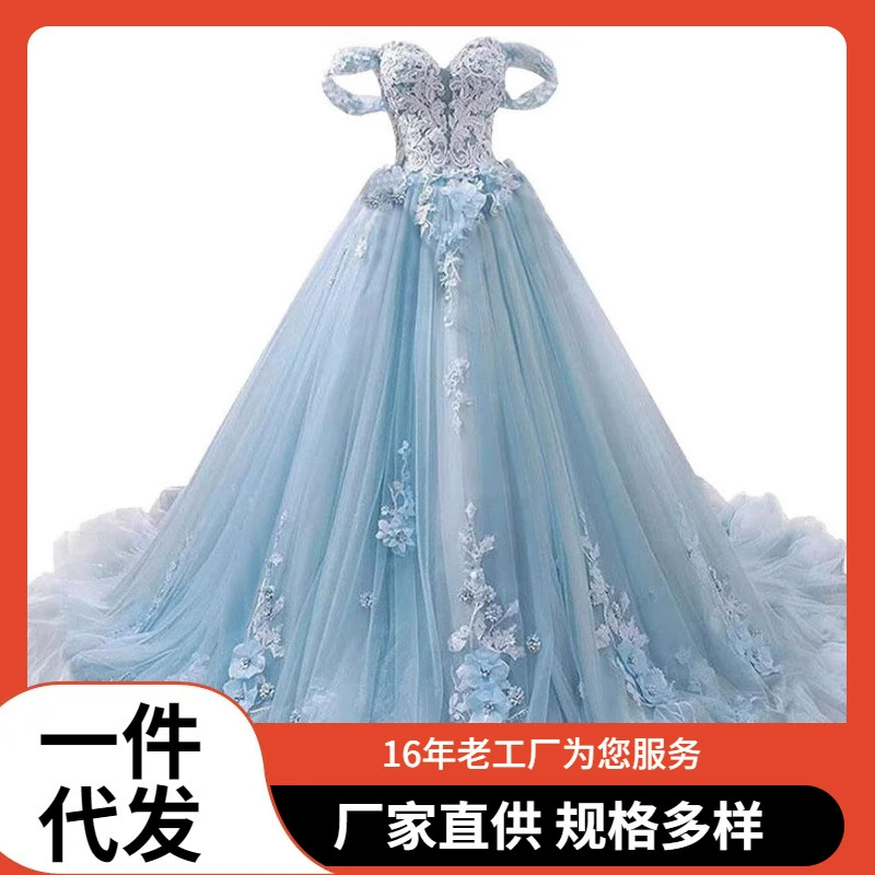 2025 Вечернее платье для женщин с аппликацией и шлейфом из тюля без рукавов и с открытыми плечами, синее кружево, для внешней торговли на AliExpress