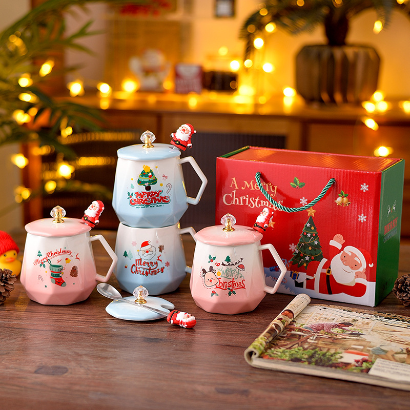Taza de cerámica de Navidad transfronteriza con cubierta cuchara caja de regalo taza de Santa Claus taza de agua taza de gradiente