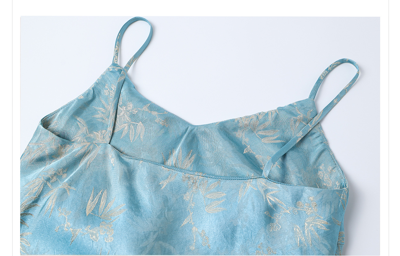 Váy maxi cạp cao vải rayon họa tiết lá tre xanh mùa hè, dáng suông tôn dáng ZX M4081 — Màu xanh nước hồ chi tiết 12