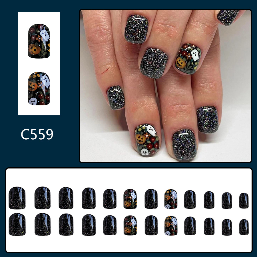 Armure carrée courte et brillante pour visage Halloween Gypsophile noire Orange Citrouille Fantôme Fleurs multicolores Nail Art noir brillant 24 pièces_voghion.com