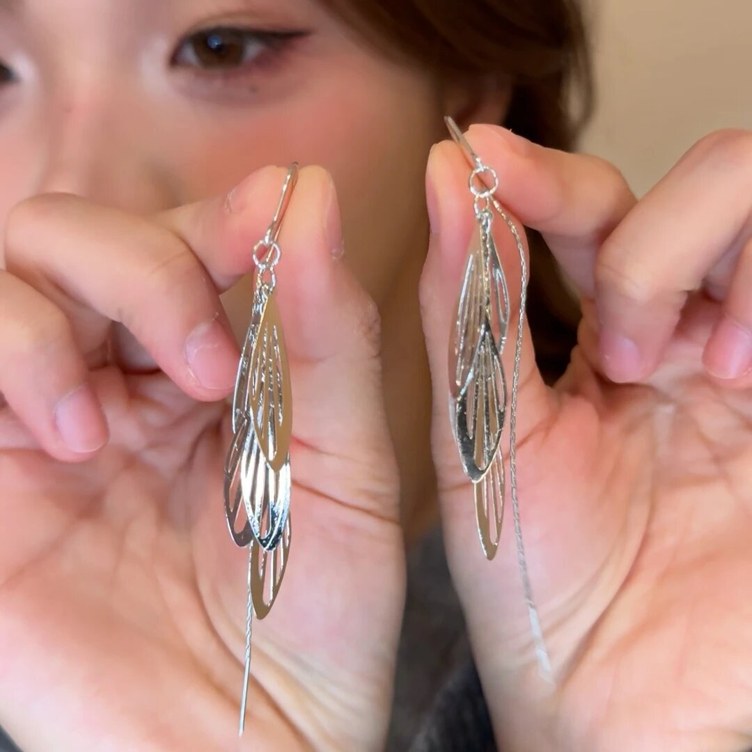 Temperament leaf long tassel earrings-a2078 silver