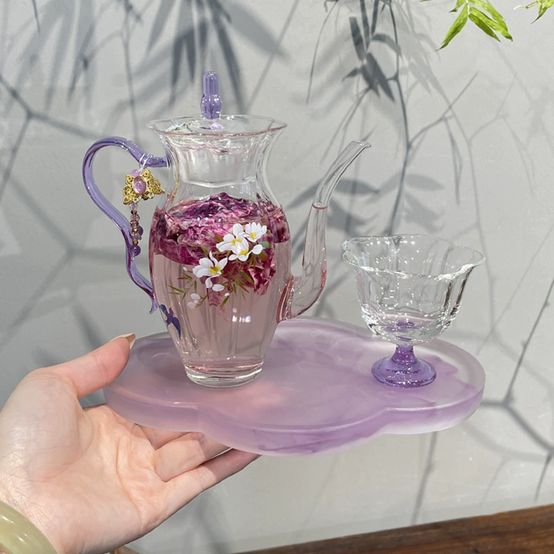 Набор для чая Jingzhe из высокоборосиликатного стекла с весенним цветочным принтом, фиолетовый нарцисс, один чайник и одна чашка, набор для одного человека