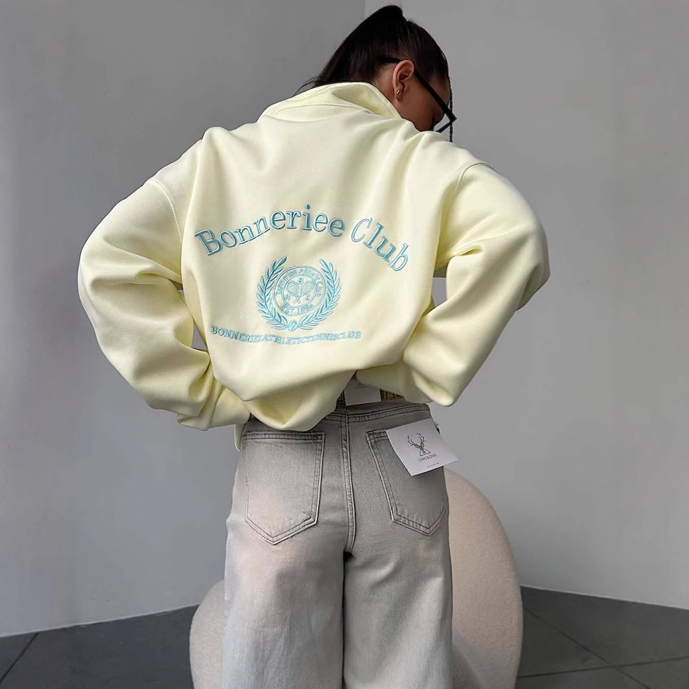 2025 Spring Autumn Candy Color Series Letter Embroidered Sweatshirt Front And Back Printed Lazy Half-Zip Top For Women_voghion.com