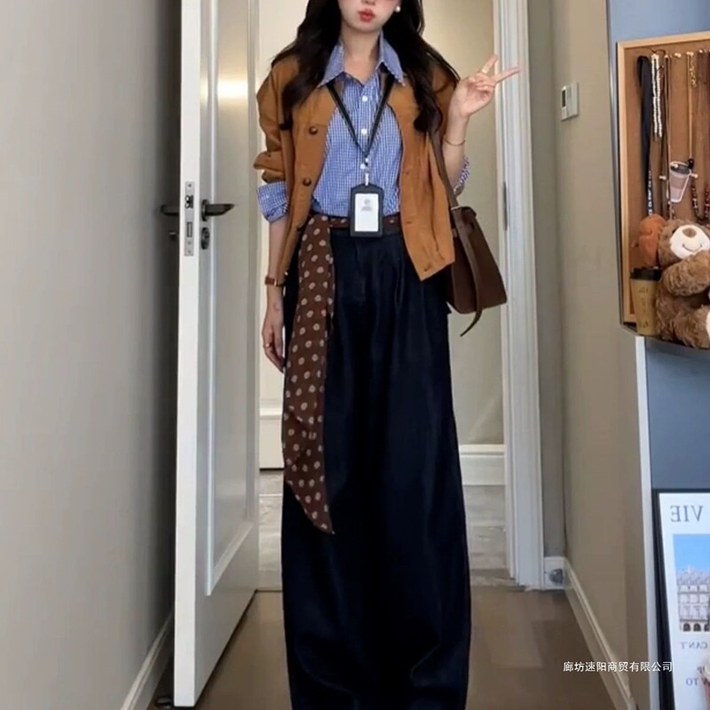 纯欲风辣妹套装女2025早秋新款韩系气质长袖外套衬衫阔腿裤三件套|undefined