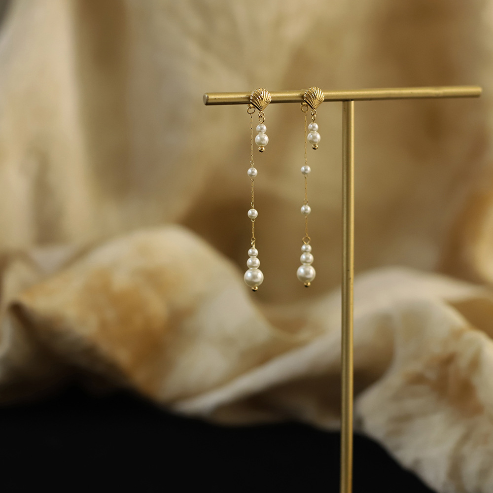 Stainless Steel Long Tassel Pearl Shell Earrings