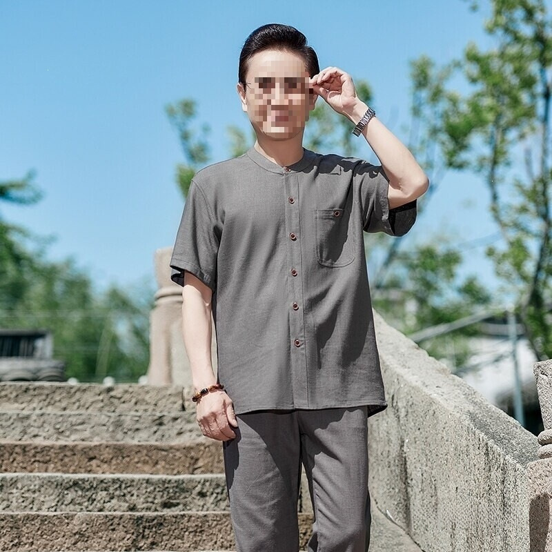 棉麻套装唐装男短袖衬衫夏装中老年爷爷亚麻衣服现货