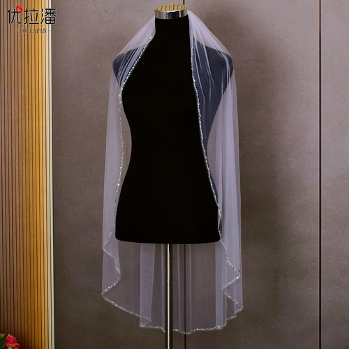 Youlapan Manufacturer Wholesale Handmade Rice Beads Bordered Cross-border Single Layer Bridal Beaded Veil Long Style V155