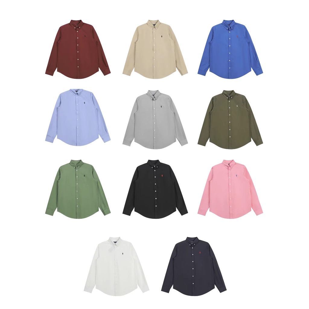 Cross-Border Qr Code Scannable Rl Ralph Lauren Oxford Solid Color Embroidered Button-Down Lapel Long-Sleeve Casual Shirt for Men and Women