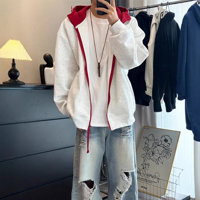 Floral Gray Color-Block Hooded Sweatshirt Cardigan for Men, Autumn and Winter Fleece Thick Heavyweight Couple's Jacket, Structured Jacket
