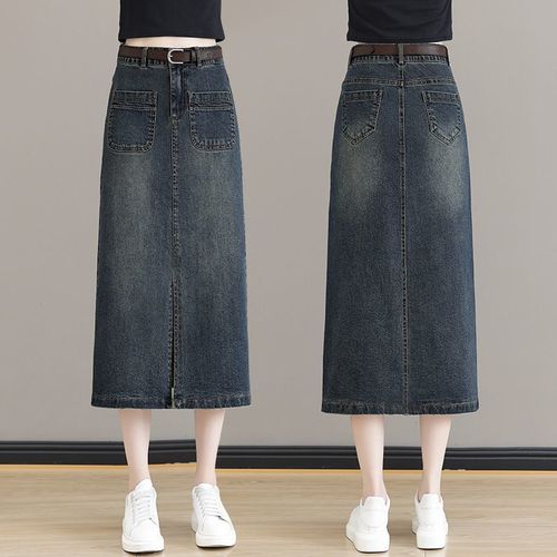 Women's Fashion Denim Hem Short Skirt for Spring and Autumn 2025, High-Waisted, Slimming, Slit Long Skirt Over the Knee, One-Step Dress