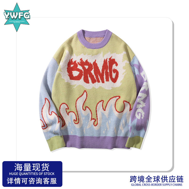 YWFG ropa de mujer retro letras americanas camisa de punto de viento perezoso estilo de contraste de color línea suelta suéter abdomen image 1