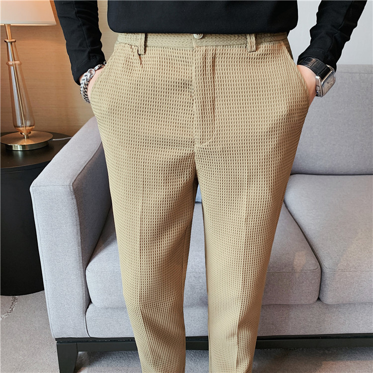 Pantalon décontracté droit gaufré à la mode et simple de marque tendance paresseuse, pantalon slim à petite jambe, pantalon d'affaires suspendu_voghion.com