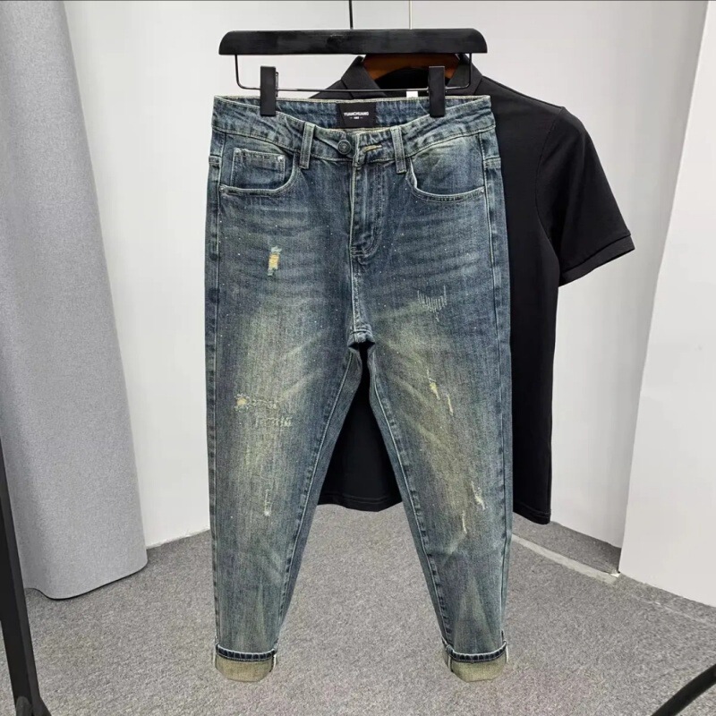 European Men's High-End Original Designer Niche Heavy-Duty Rhinestone Ripped Jeans Versatile Slim-Fit Long Pants