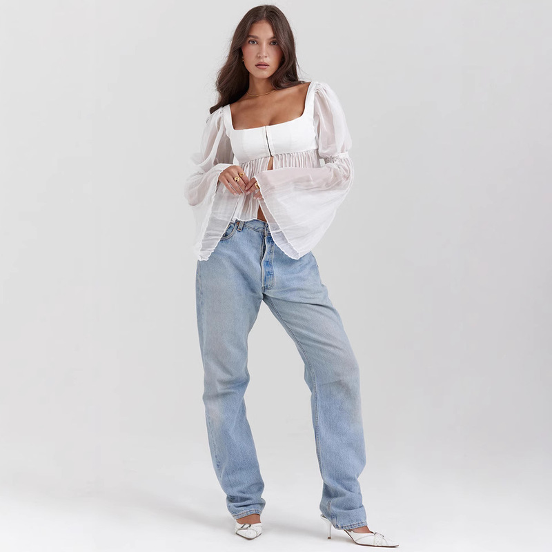 S181 European and American New 2023 autumn and winter New sweet short version elegant perspective long sleeve court style square collar top S181 European and American New 2023 autumn and winter New sweet short version elegant perspective long sleeve court style square collar top
