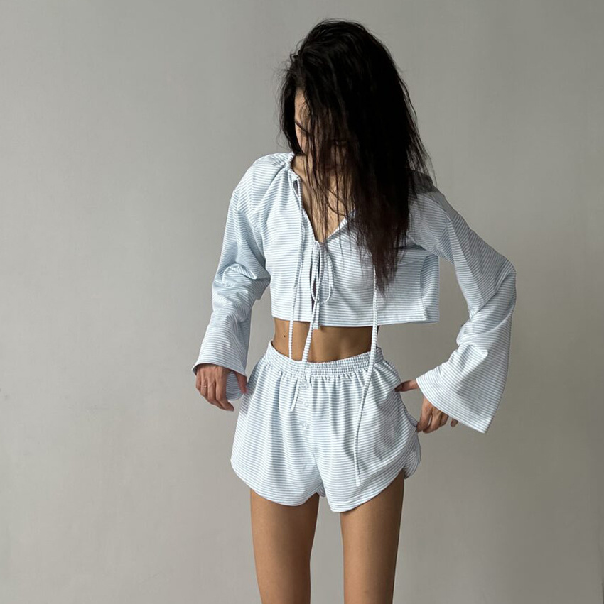 ChicShe 2025 European American Striped Knitted Cotton Pajamas Women, New Autumn And Winter Long Sleeve Shorts, Cross-Border_voghion.com