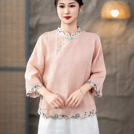 特价夏季新款新中式苎麻刺绣衬衫女文艺时尚立领中袖宽松衬衣小衫