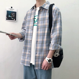 跨境春夏新款格子长袖衬衫男宽松ins潮流韩版衬衣男士港风情侣外