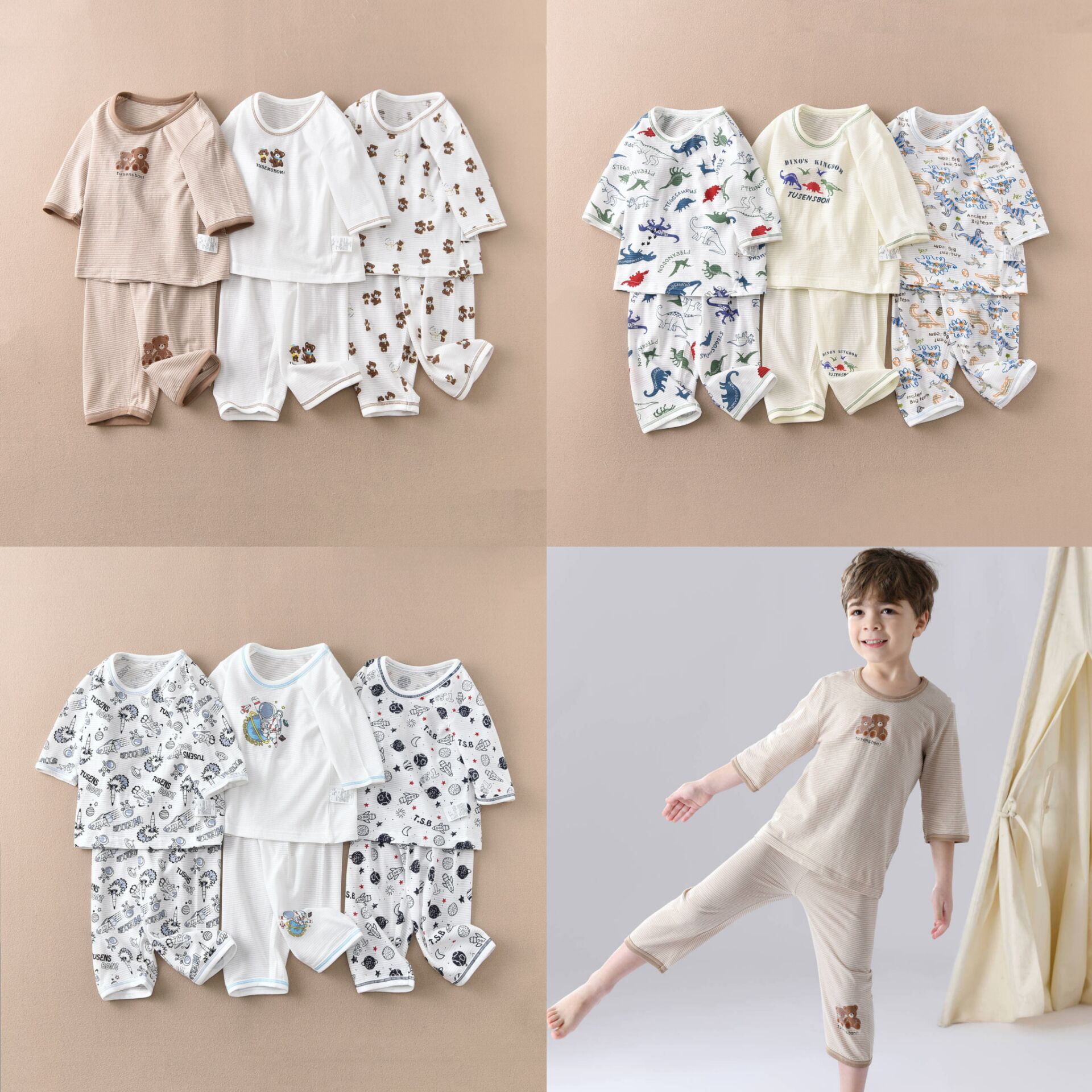 Children's 7-quarter sleeve cropped pants short sleeve suit home wear summer thin pure cotton breathable export to Japanese boys and girls