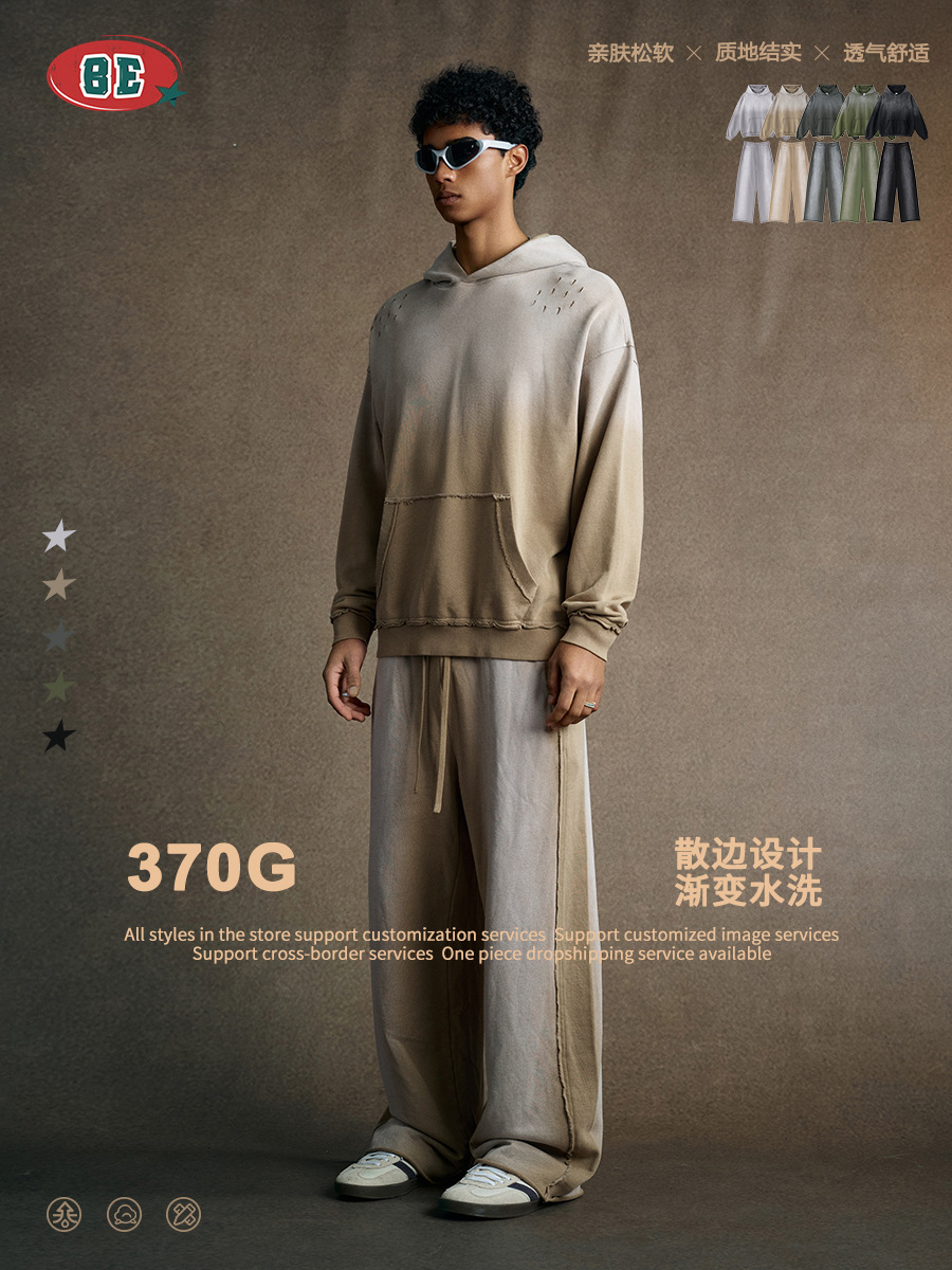 Be Hombres| 2025 otoño marca de moda americana frita flocos de nieve gradiente agujero agujero sudadera encapuchada pantalones de dos piezas para hombres
