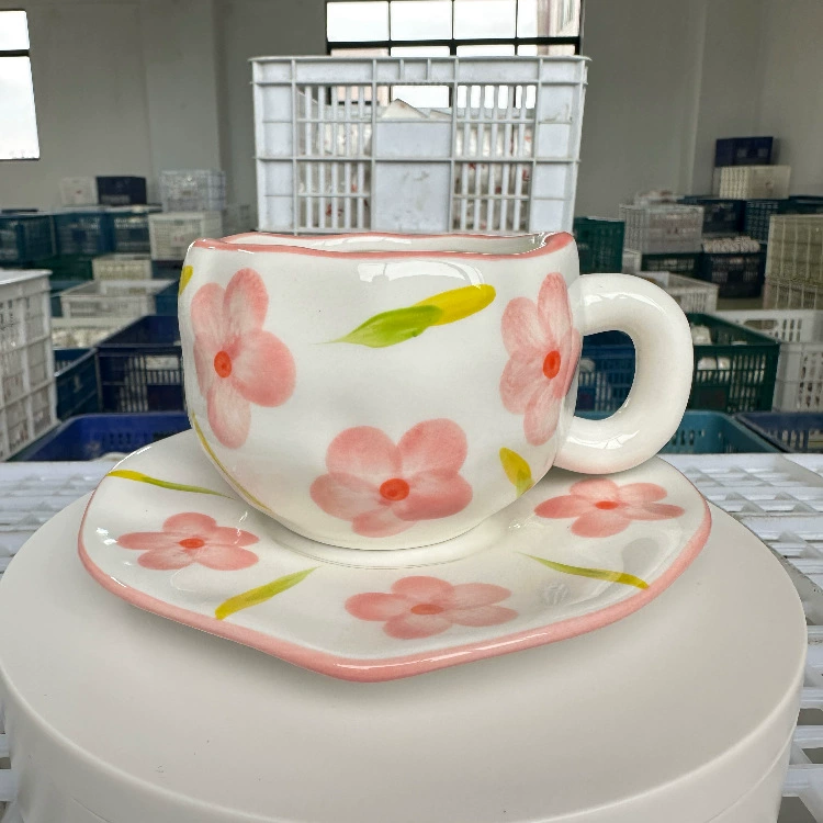Ceramic coffee cup set INS Japanese retro, hand-painted irregular saucer, vintage style