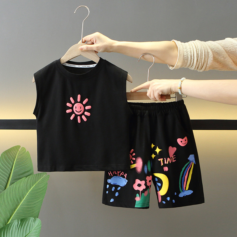 7953 traje de chaleco sin mangas de verano para niños 2025 nueva ropa de joven maestro de moda fresca y de moda para niños dos de verano