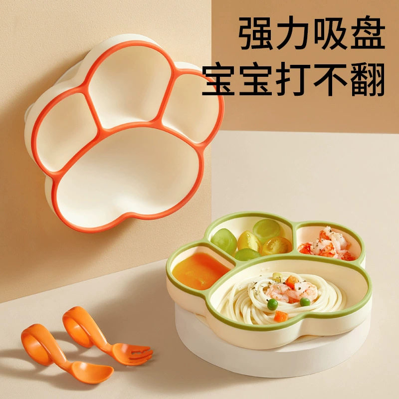 Детская тарелка для еды, присоска, встроенная детская силиконовая соломенная миска, разделенная тарелка, набор посуды с обучающей ложкой для обучения еде