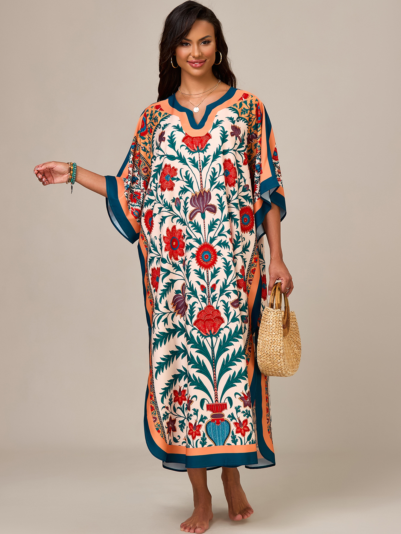 Blusa de playa europea y americana transfronteriza, impresión de posicionamiento, estilo étnico, túnica de Oriente Medio, vestido de comercio exterior suelto de gran tamaño 1011