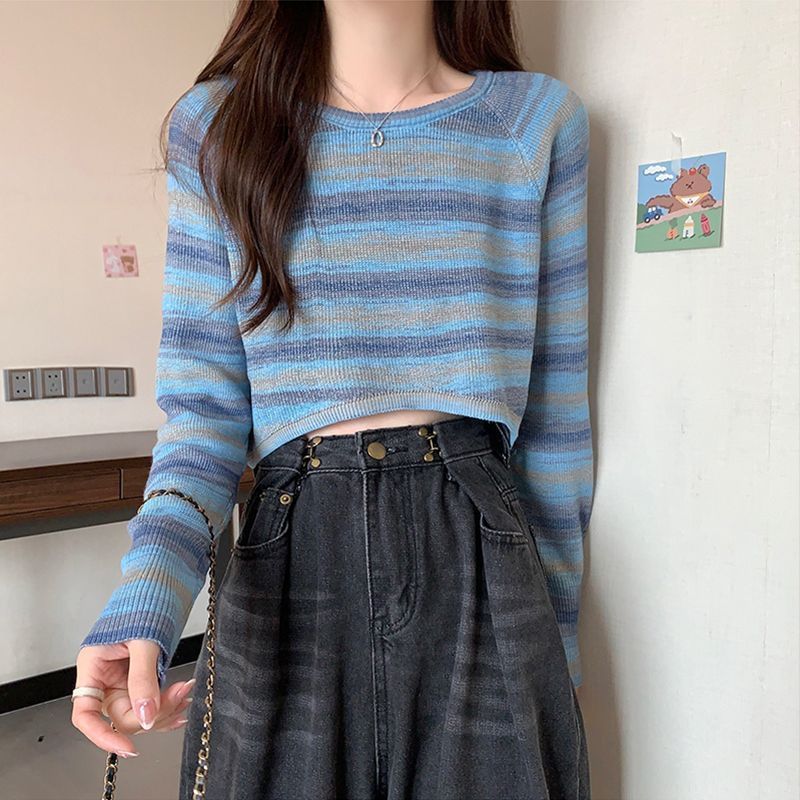 2025新款春秋法式复古设计感条纹针织衫女不规则宽松短款长袖上衣|undefined