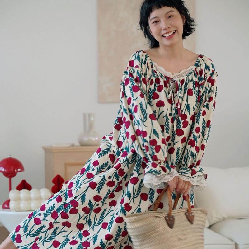 Lazy French-Style Lace Long-Sleeved Nightgown for Spring and Summer Women, Pure Cotton Loose-Fitting Pajamas, Thin Dress That Can Be Worn Outside