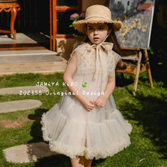 Girls' Summer Dress Children French Lace Beaded Pearl Sparkling Large Collar Birthday Tutu Dress Princess Dress