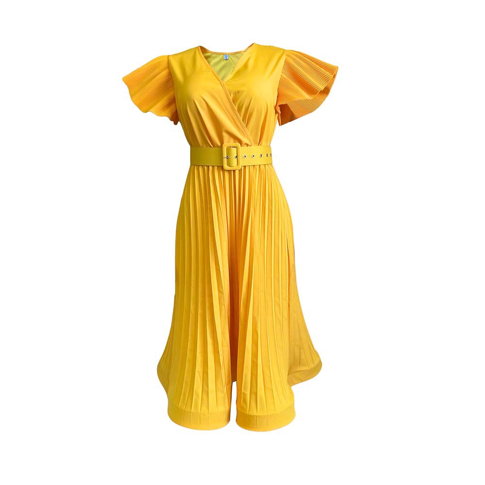V Neck Pleated Dress Ruffled Sleeves Belt Included Elegant Design Perfect for Parties and Events Wholesale Available