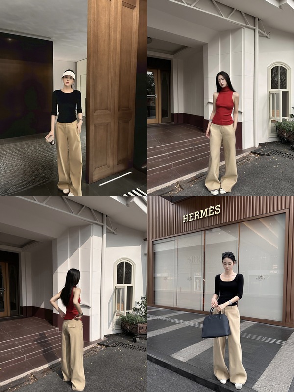 5werkwen 雅痞老钱|拉夫美学 极简复古卡其裤休闲裤宽松直筒裤女|undefined