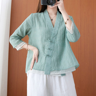 2025 Spring/Summer Chinese Style Retro Improved Hanfu Double-Layer Zen Plain Chinese Style Oblique Collar Tea Suit Tang Suit Top for Women