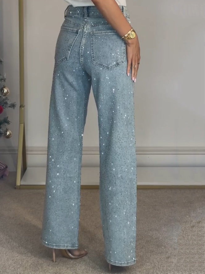 Women's High-Waisted Straight Leg Jeans Full Diamond Washed Denim Loose Fit European And American Style_mkmklike.com