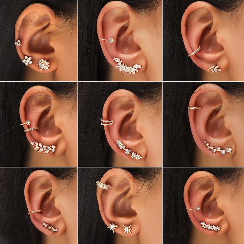 New Alloy Star Small Diamond Ear Clips for Women, Leaf Flower Gold Geometric Pearl Zircon Non-Pierced Earring Set